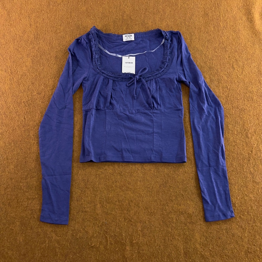 Cotton On Womens XS Marine Blue Annie Lace Tie Long Sleeve Top NWT